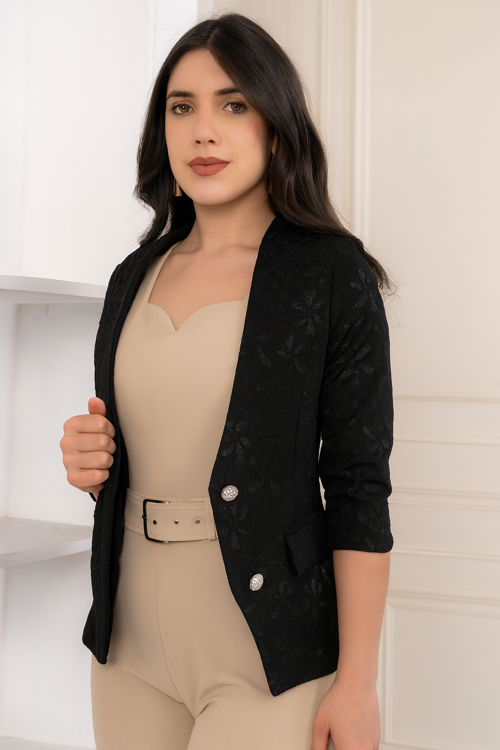 Blazer de Encaje Iris Manga 3/4 Negro